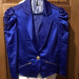 Elegant Blue Satin Blazer with Ruched Sleeves